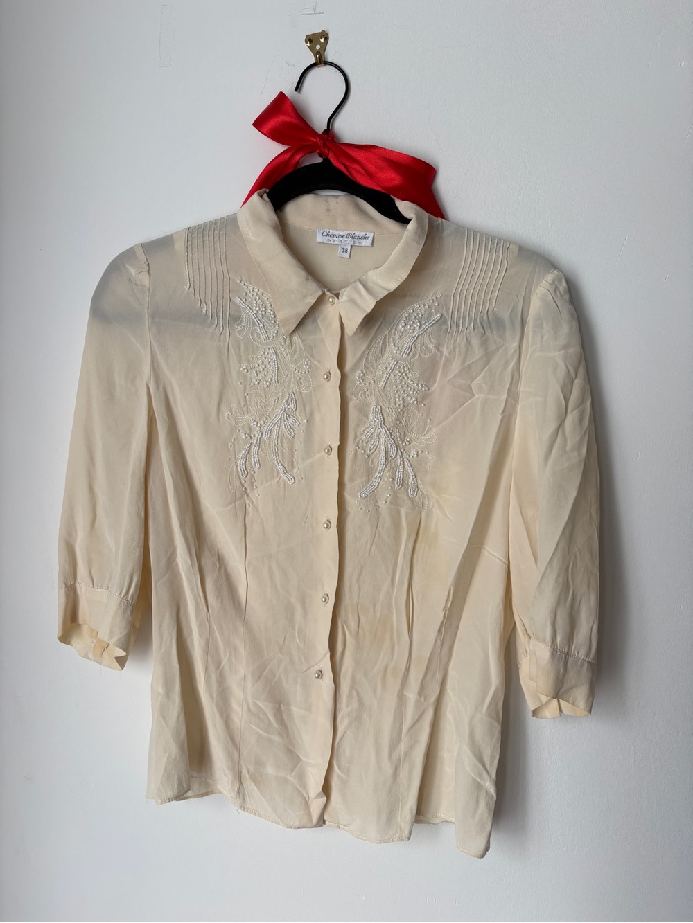 Antique silk blouse pearl embroidery xs s 0 2